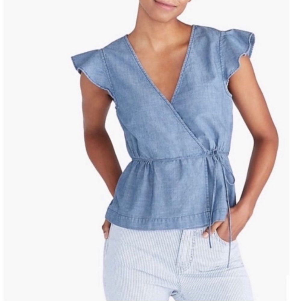 J. by J. Crew Chambray Flutter-Sleeve Faux-Wrap Top Sz 22 NWT